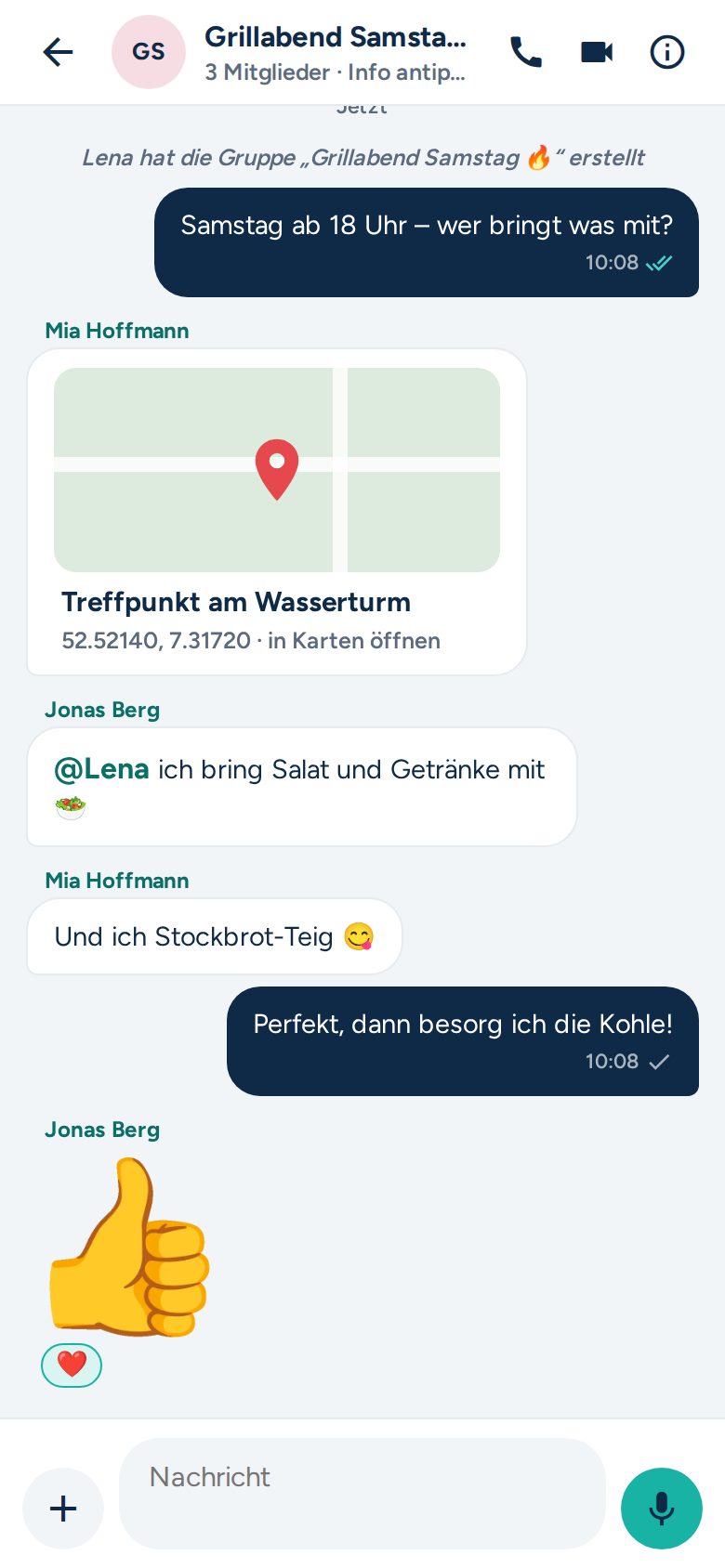 Gruppenchat mit geteiltem Standort, Erwähnung und Reaktion