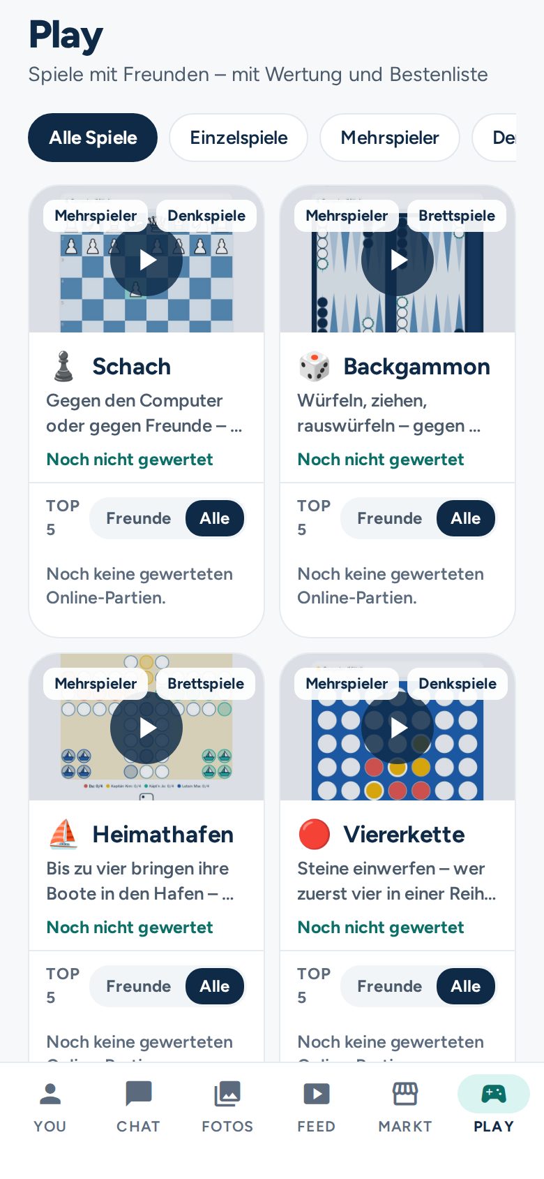 Spiele: Schach, Backgammon, Heimathafen, Viererkette
