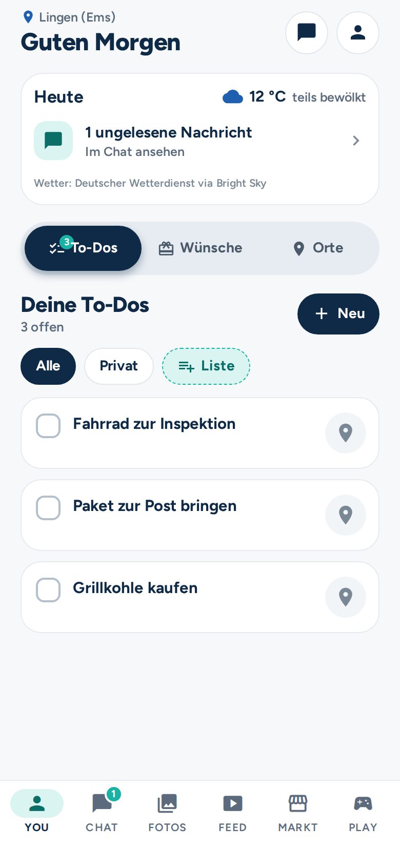 You: Wetter, ungelesene Nachrichten und To-Dos für heute